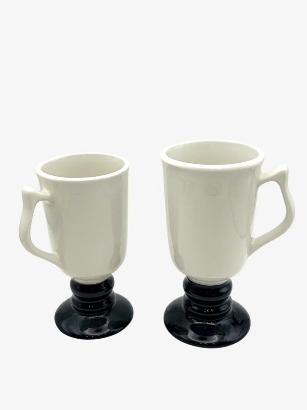 VTG Hall China Pedestal Coffee Mugs (2) Black & White Ceramic Footed Cups 1273